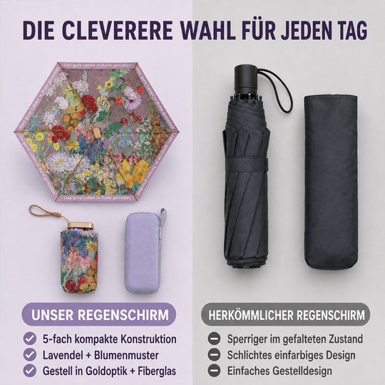 Taschenschirm mit Blumen-Innenprint und UV-Schutz, 5-fach faltbar, Strebenlänge 50cm, Dunkelblau