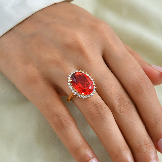 D'Joy Rubin Feuer Triplett Quarz und Zirkon Ring, 925 Silber 750 Gelbgold Vermeil - 37,60 ct.