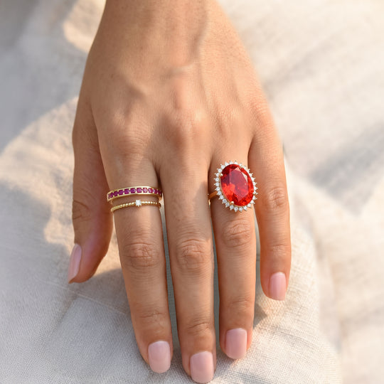D'Joy Rubin Feuer Triplett Quarz und Zirkon Ring, 925 Silber 750 Gelbgold Vermeil - 37,60 ct.
