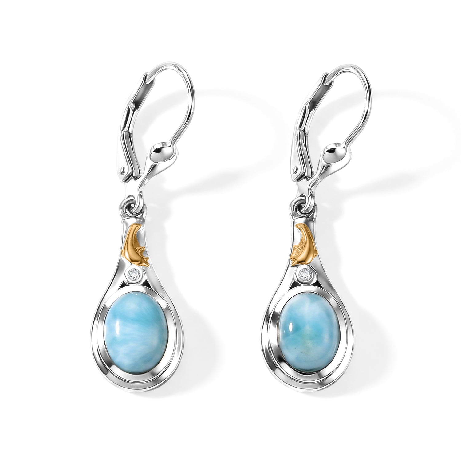D'Joy AAA Larimar, Weißer Diamant Ohrringe 925 Silber Rhodiniert und 750 Gelbgold Vermeil ca. 3,04 ct.