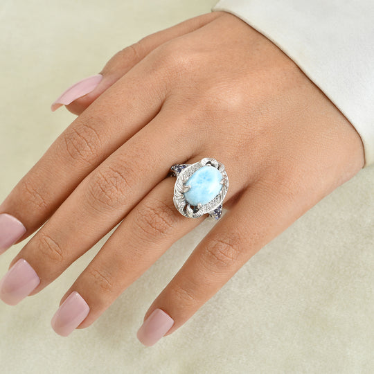D'Joy AAA Larimar, Iolit Ring 925 Silber Rhodiniert (Größe 19.00) ca. 7,78 ct