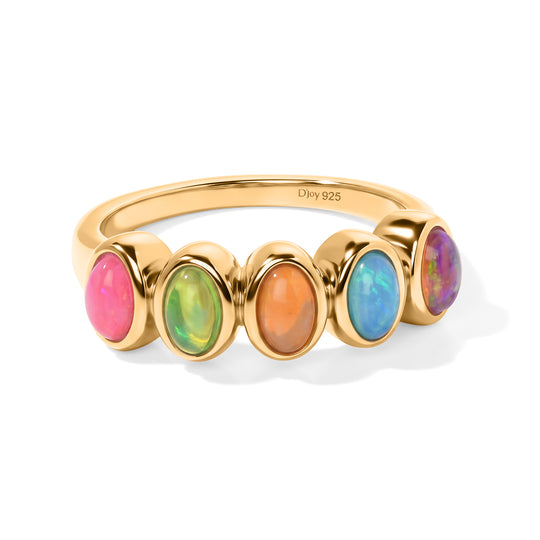 D'Joy AA natürlicher, mehrfarbiger Welo Opal Half Eternity Ring, 925 Silber 750 Gelbgold Vermeil - 0,80 ct.