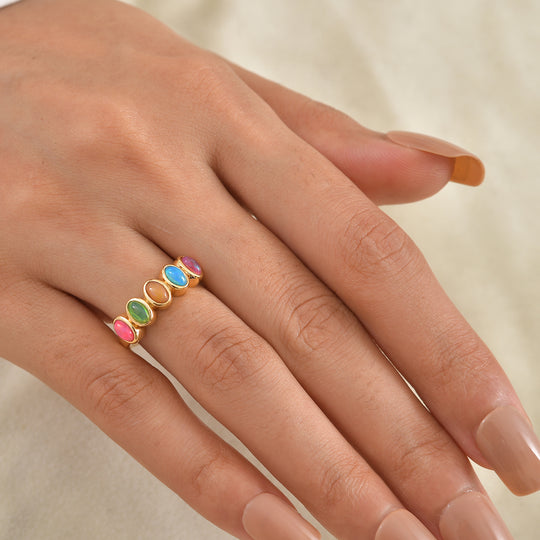 D'Joy AA natürlicher, mehrfarbiger Welo Opal Half Eternity Ring, 925 Silber 750 Gelbgold Vermeil - 0,80 ct.