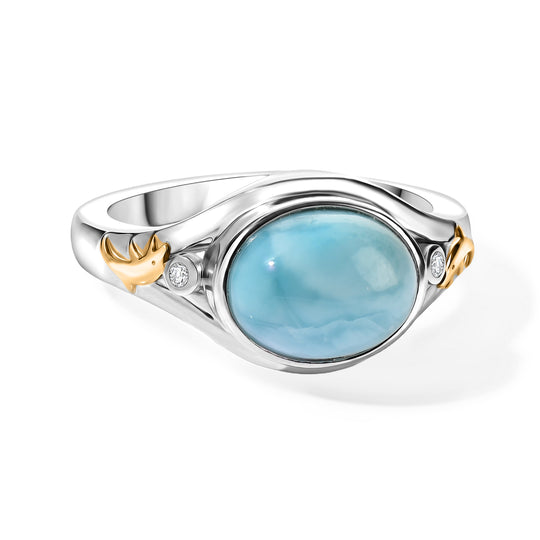 D'Joy AAA Larimar, Weißer Diamant Ring 925 Silber Rhodiniert und 750 Gelbgold Vermeil (Größe 20.00) ca. 3,36 ct