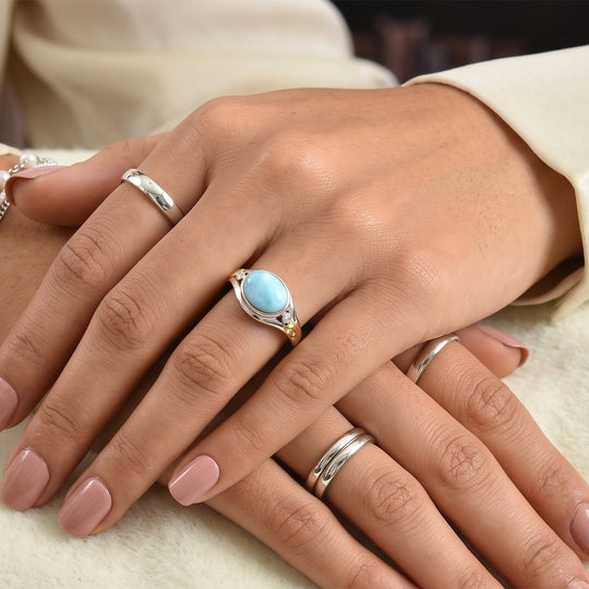D'Joy AAA Larimar, Weißer Diamant Ring 925 Silber Rhodiniert und 750 Gelbgold Vermeil (Größe 21.00) ca. 3,36 ct