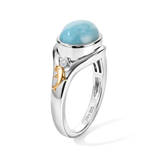 D'Joy AAA Larimar, Weißer Diamant Ring 925 Silber Rhodiniert und 750 Gelbgold Vermeil (Größe 21.00) ca. 3,36 ct