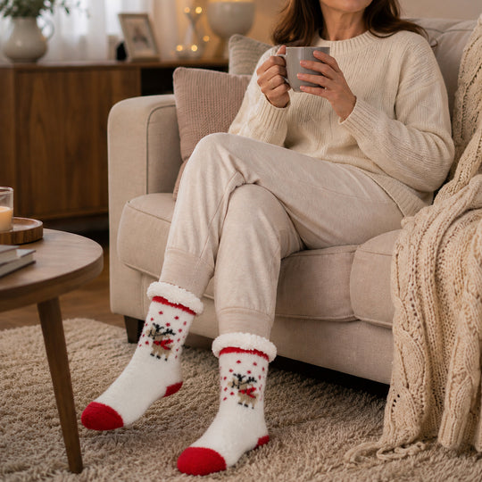 LIVMORE Sherpa-Kuschelsocken mit Schneeflockenmuster, 1 Paar, Bordeauxrot