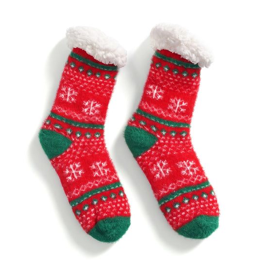 LIVMORE Sherpa-Kuschelsocken mit Schneeflockenmuster, 1 Paar, Bordeauxrot