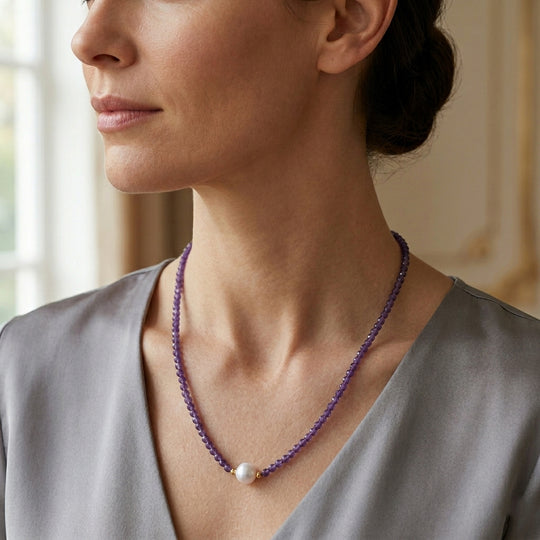 Weiße Edison Perle (7-10mm), Afrikanischer Amethyst, Halskette ca. 50 cm 316L Edelstahl Goldton 30.01 ct
