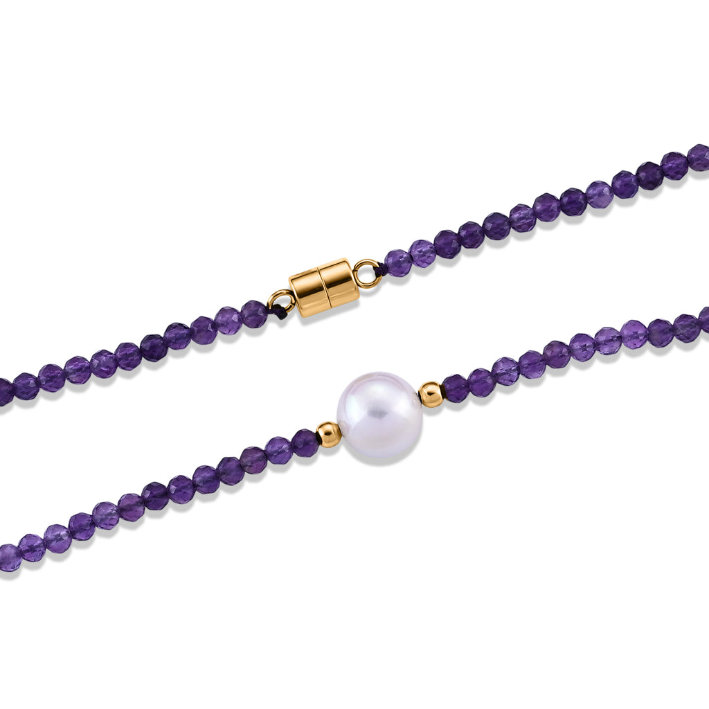 Afrikanischer Amethyst, Weiße Edison Perle (7-10mm) Halskette ca. 50 cm 316L Edelstahl Goldton 30.01 ct