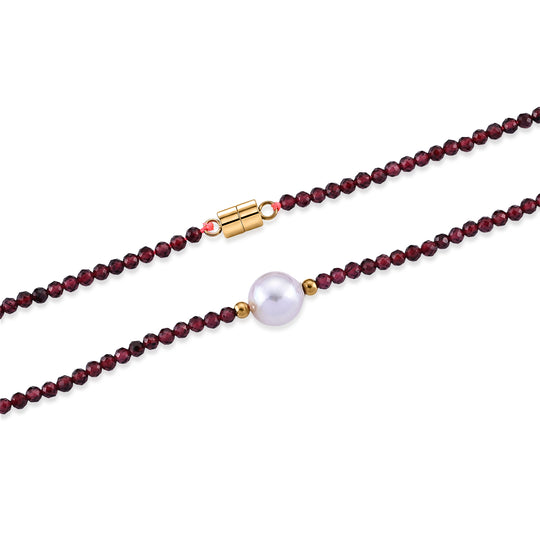 Weiße Edison Perle (7-10mm), Roter Granat, Halskette ca. 50 cm 316L Edelstahl Goldton 30.01 ct