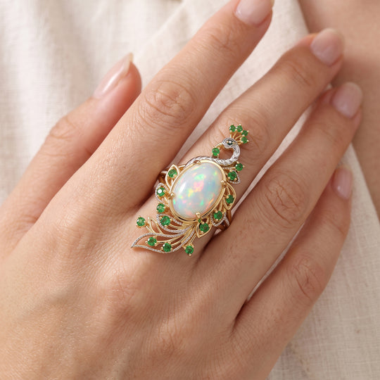 D'Joy AA natürlicher, äthiopischer Welo Opal, Chromdiopsid und schwarzer Spinell Pfau Cocktail Ring, 925 Silber 750 Gelbgold Vermeil - 4,60 ct.