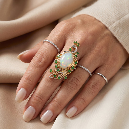 D'Joy AA natürlicher, äthiopischer Welo Opal, Chromdiopsid und schwarzer Spinell Pfau Cocktail Ring, 925 Silber 750 Gelbgold Vermeil - 4,60 ct.