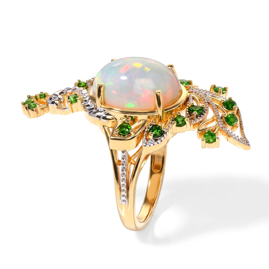 D'Joy AA natürlicher, äthiopischer Welo Opal, Chromdiopsid und schwarzer Spinell Pfau Cocktail Ring, 925 Silber 750 Gelbgold Vermeil - 4,60 ct.