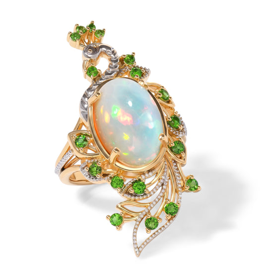D'Joy AA natürlicher, äthiopischer Welo Opal, Chromdiopsid und schwarzer Spinell Pfau Cocktail Ring, 925 Silber 750 Gelbgold Vermeil - 4,60 ct.