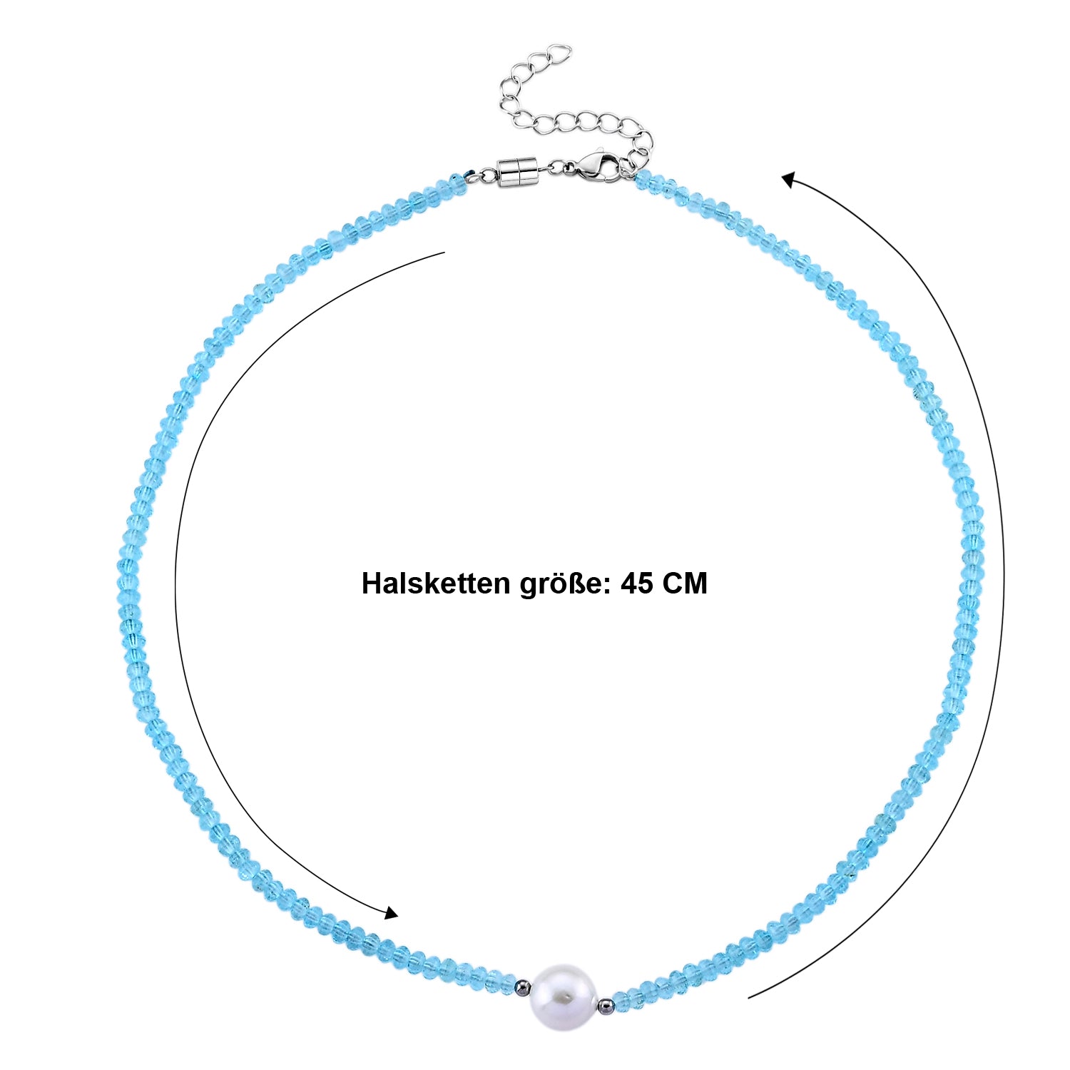Weiße Edison Perle (7-10mm), Blau Topas, Halskette ca. 45 cm 316L Edelstahl 65.01 ct