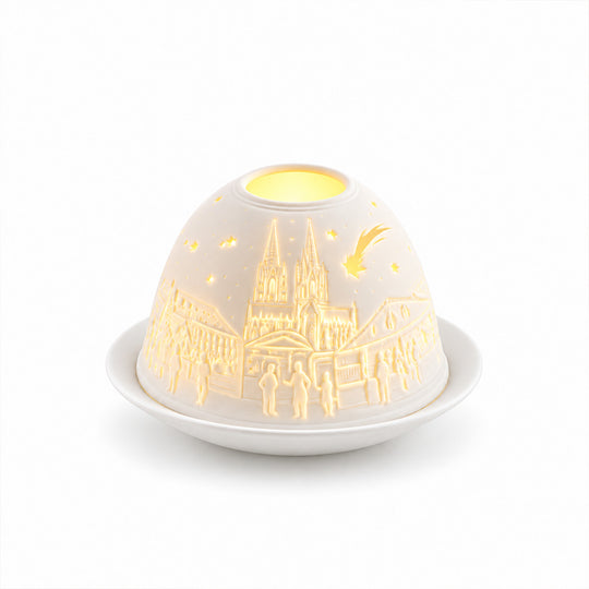 LED-Teelichthalter aus unglasiertem Porzellan mit Löwenmotiv und Fernbedienung, 10,5 x 7,5 cm, Weiß