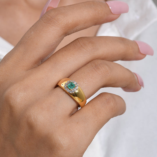 D'Joy AAA Kagem Sambischer Smaragd (Oktagon), Weißer Zirkon Ring 925 Silber Gold (Größe 18.00) ca. 0.60 ct