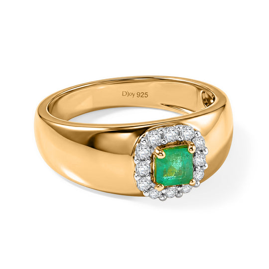 D'Joy AAA Kagem Sambischer Smaragd (Oktagon), Weißer Zirkon Ring 925 Silber Gold (Größe 18.00) ca. 0.60 ct