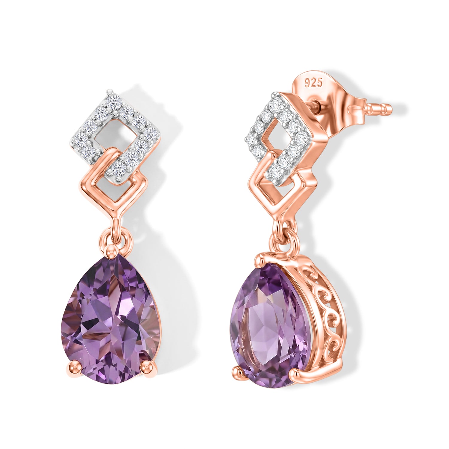 D'Joy Rose De France Amethyst und Zirkon Ohrringe, 925 Silber rosévergoldet - 3,35 ct.