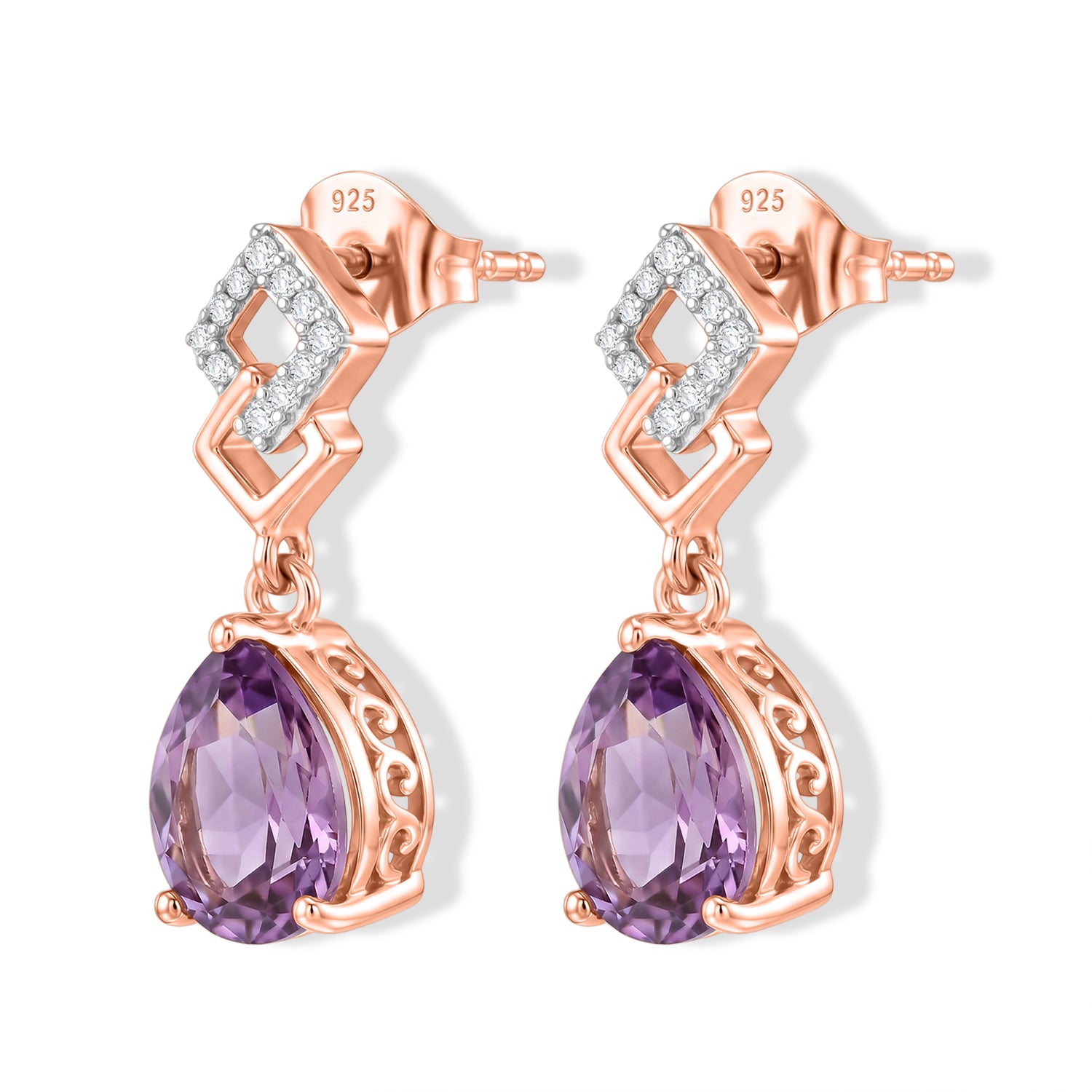 D'Joy Rose De France Amethyst und Zirkon Ohrringe, 925 Silber rosévergoldet - 3,35 ct.