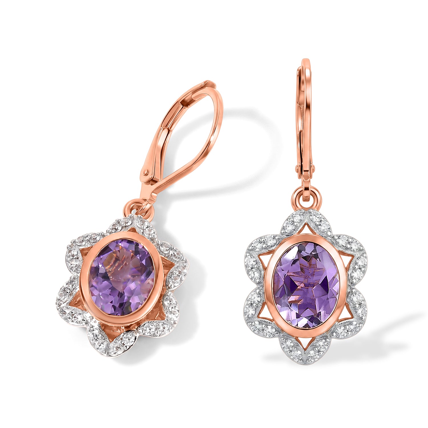 EverTrue Rose De France Amethyst und Zirkon florale Halo Ohrringe, 950 Kupfer rosévergoldet - 3,92 ct.