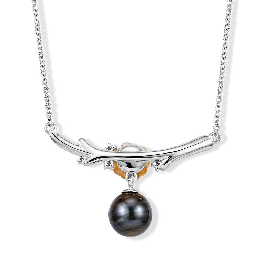 D'Joy Moissanit, Tahiti Perle (9-10mm) Halskette ca. 45 cm 925 Silber Rhodiniert 0.06 ct