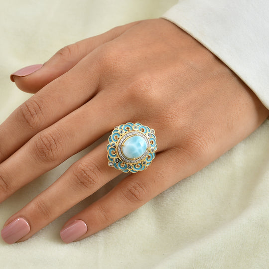 D'Joy AAA Larimar, Schweizer Blautopas Ring 925 Silber 750 Gelbgold vermeil (Größe 21.00) ca. 5,17 ct