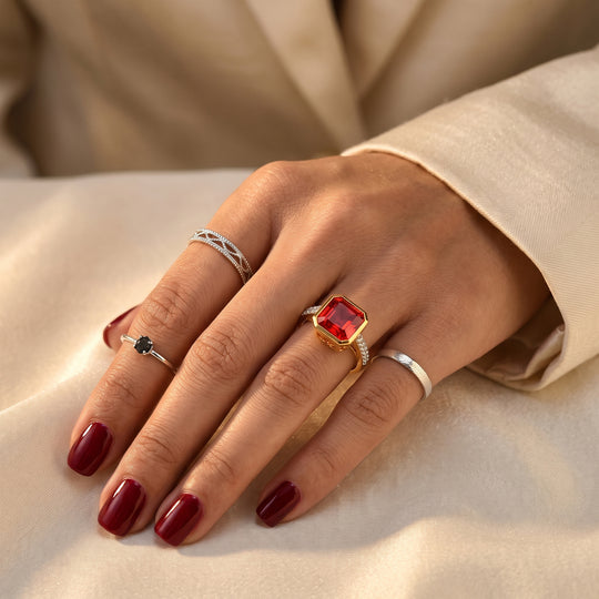 D'Joy Rubin Feuer Triplett Quarz und Zirkon Ring, 925 Silber 750 vergoldet - 5,80 ct.