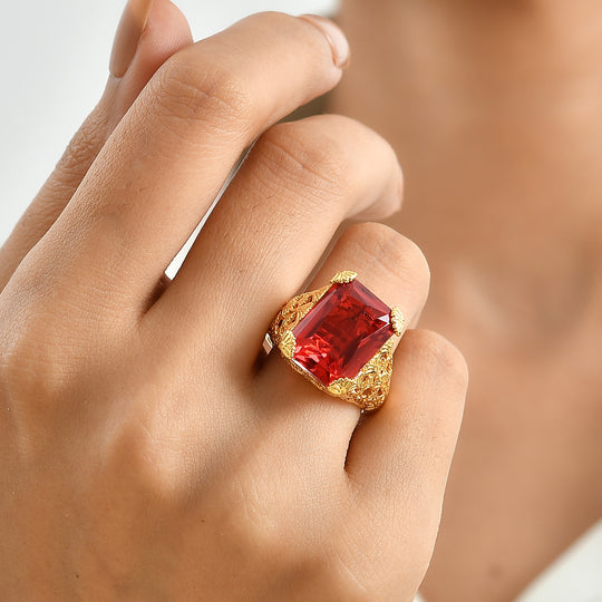 EverTrue Rubin Feuer Triplett Quarz Ring, 950 Kupfer mit Gelbgold E-Beschichtung - 7,45 ct.