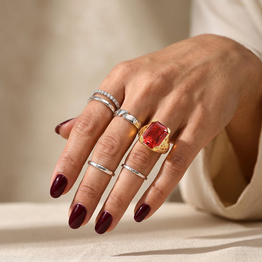 EverTrue Rubin Feuer Triplett Quarz Ring, 950 Kupfer mit Gelbgold E-Beschichtung - 7,45 ct.