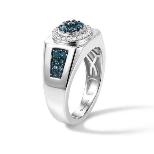 D'Joy blauer und weißer Diamant Halo Herrenring, 925 Silber rhodiniert - 0,50 ct.