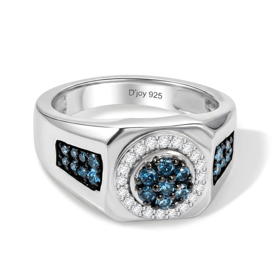 D'Joy blauer und weißer Diamant Halo Herrenring, 925 Silber rhodiniert - 0,50 ct.