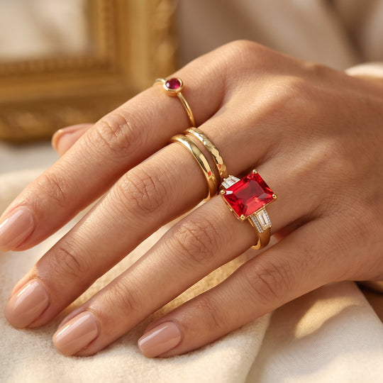 D'Joy Rubin Feuer Triplett Quarz und Zirkon Ring, 925 Silber 750 Gelbgold Vermeil - 7,12 ct.