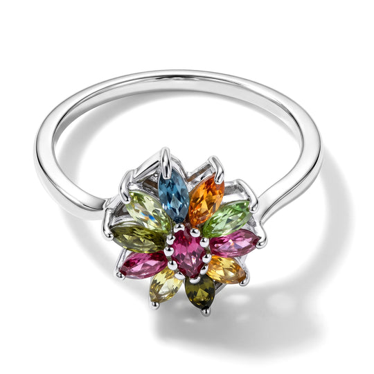 D'Joy AA Multi-Turmalin floraler Ring, 925 Silber rhodiniert - 0,86 ct.