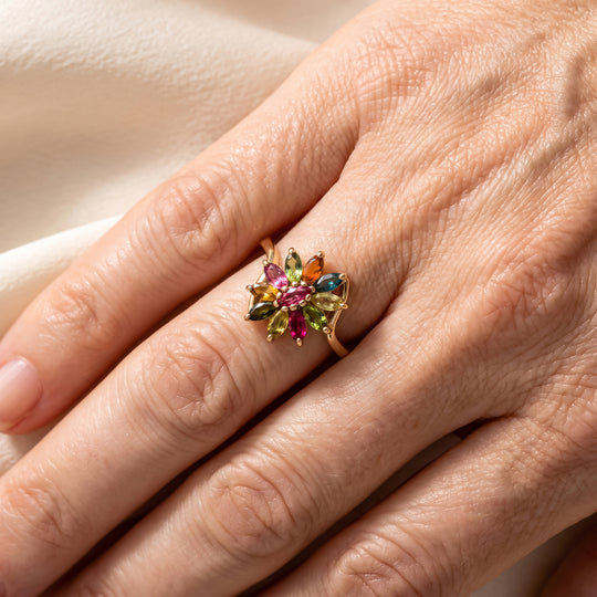 D'Joy AA Multi-Turmalin floraler Ring, 925 Silber vergoldet - 0,86 ct.