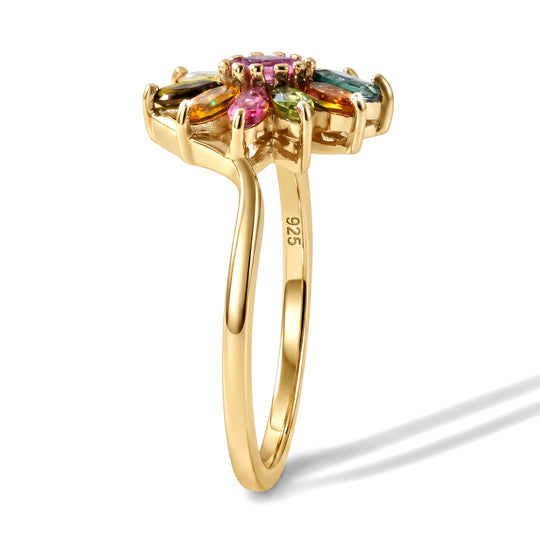 D'Joy AA Multi-Turmalin floraler Ring, 925 Silber vergoldet - 0,86 ct.