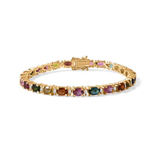 D'Joy AA Multi-Turmalin und Moissanit 20cm Eternity Armband, 925 Silber 750 Gelbgold Vermeil - 12,54 ct.