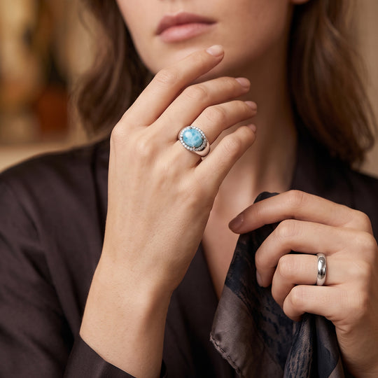 D'Joy AAA Larimar, Weißer Zirkon Ring 925 Silber Platiniert (Größe 19.00) ca. 2,60 ct