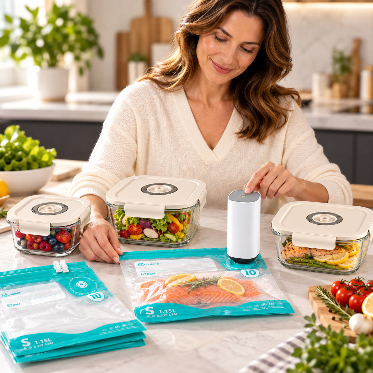 Vacuum Tupper Ware Set Accessories:fresh keeper*3?vacuum pump*1?fresh bag*3  Vacuum Food Fresh Keeper  Material:PP+ Glass Small size:132 x 132 x 55mm  525ml Medium size:152 x 152 x 60mm  800ml Large size:175 x 175 x 65mm   1230ML  Mini Auto Vacuum Pump M