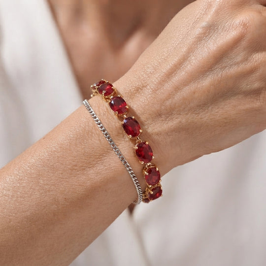 D'Joy Rubin Feuer Triplett Quarz 19cm Armband, 925 Silber 750 Gelbgold Vermeil - 27 ct.