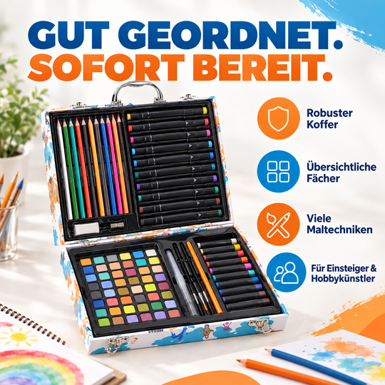 85 pcs painting set accessories:10 markers?10 replacement?10 wax pens?48 solid powder?1 rubber?1 knife?1 dish?4 tools material:density board?plastic product size:30*23*5cm N.W:850g