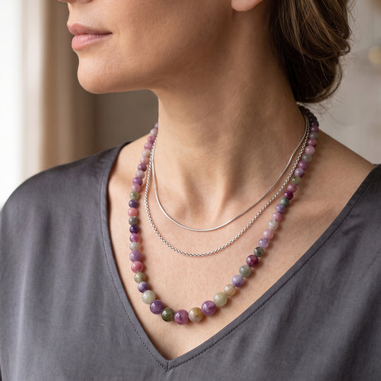 D'Joy mehrfarbige Lepidolith 50cm Halskette, 925 Silber rhodiniert - 280 ct.