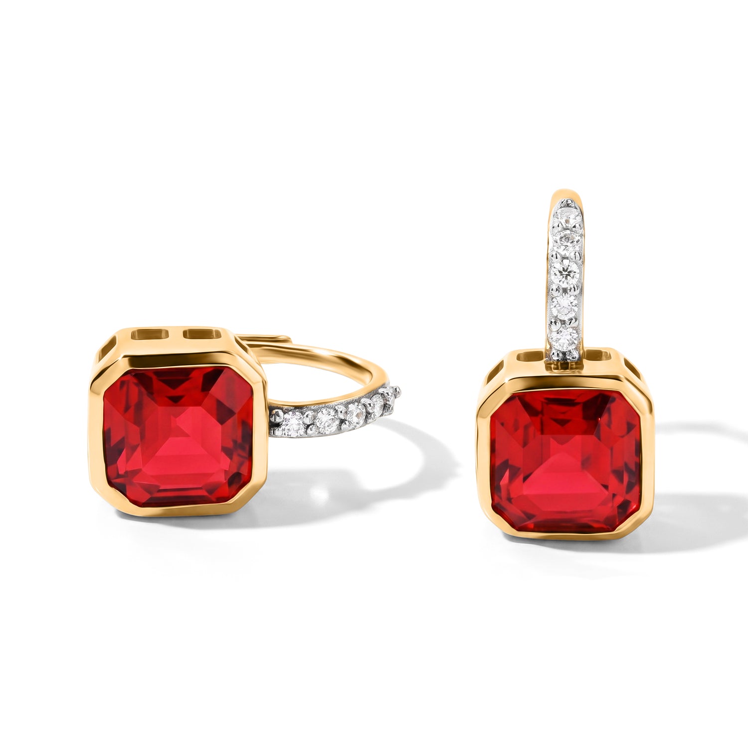 D'Joy Rubin-Feuer-Triplett-Quarz., Weißer Zirkon Ohrringe 925 Silber Gold ca. 5,58 ct.