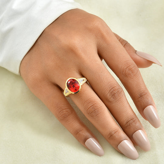 D'Joy Rubin Feuer Triplett Quarz und Zirkon Ring, 925 Silber 750 Gelbgold Vermeil - 4,03 ct.