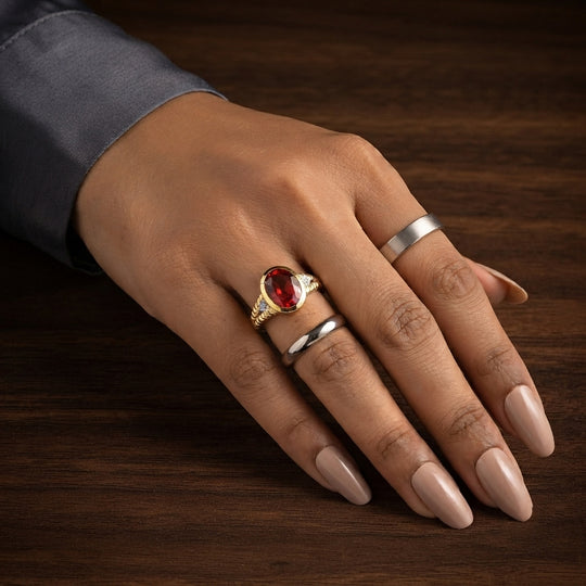 D'Joy Rubin Feuer Triplett Quarz und Zirkon Ring, 925 Silber 750 Gelbgold Vermeil - 4,03 ct.