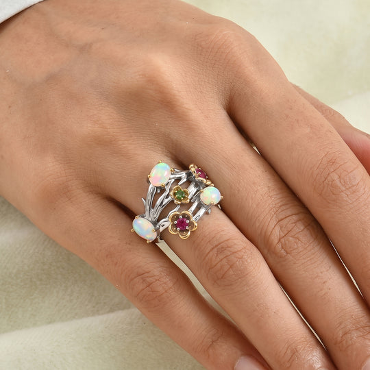 EverTrue AA natürlicher, äthiopischer Welo Opal, Rhodolith Granat und Chromdiopsid Ring, Bronze mit Platin E-Beschichtung - 0,38 ct.