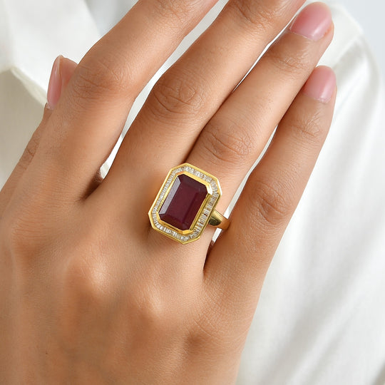 D'Joy AAA Afrikanischer Rubin (Fissure gefüllt), Weißer Diamant Ring 925 Silber 750 Gelbgold vermeil (Größe 21.00) ca. 12,06 ct