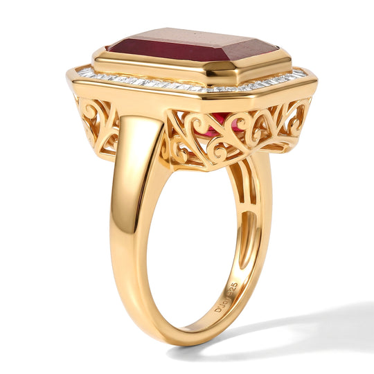 D'Joy AAA Afrikanischer Rubin (Fissure gefüllt), Weißer Diamant Ring 925 Silber 750 Gelbgold vermeil (Größe 21.00) ca. 12,06 ct