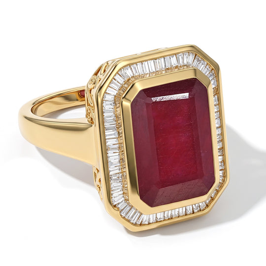 D'Joy AAA Afrikanischer Rubin (Fissure gefüllt), Weißer Diamant Ring 925 Silber 750 Gelbgold vermeil (Größe 21.00) ca. 12,06 ct